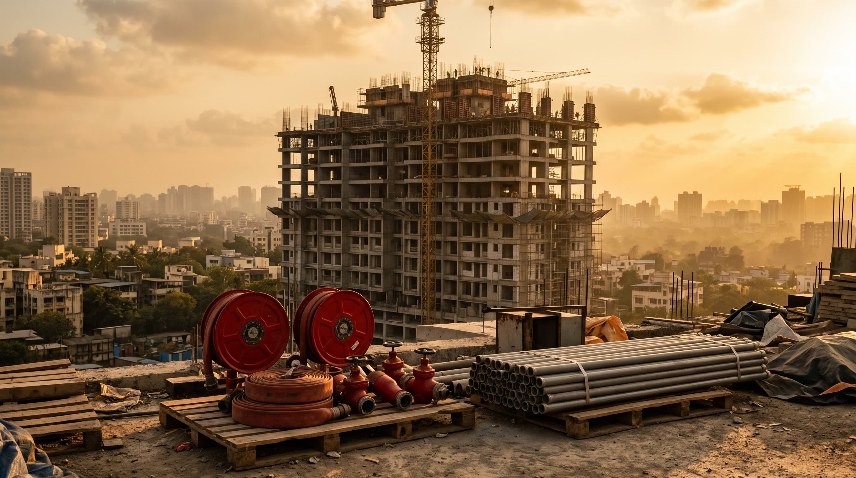 Fire-hose reels, hydrant valves and sprinkler pipe staged on a Mumbai high-rise at golden hour