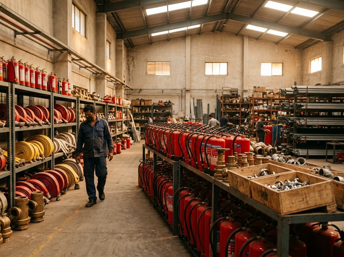 Organised warehouse of fire extinguishers, hoses and hydrant fittings