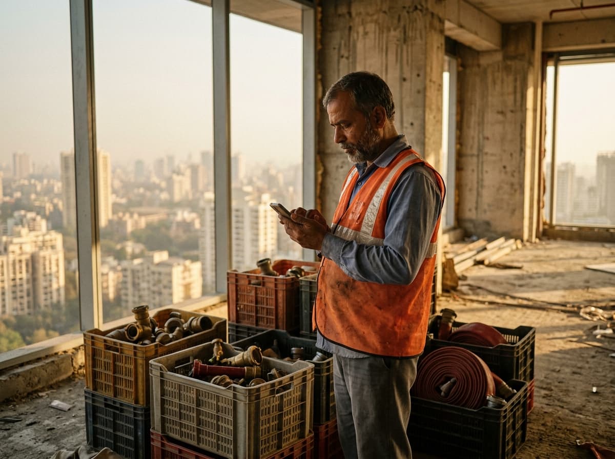 Site storekeeper logging fire-safety fittings from a phone on an unfinished Mumbai floor